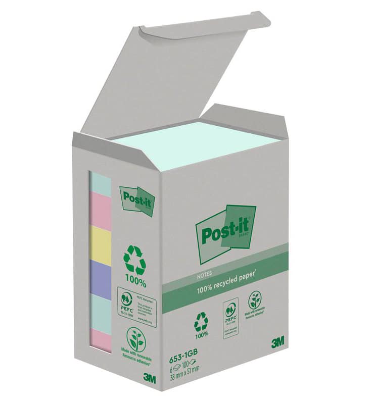 Post-it® Recycling Notes Rainbow Haftnotizen farbsortiert, 6 Blöcke