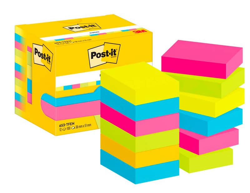 Post-it® Energetic Haftnotizen 653TFEN farbsortiert, 38 x 51mm, 12 Blöcke