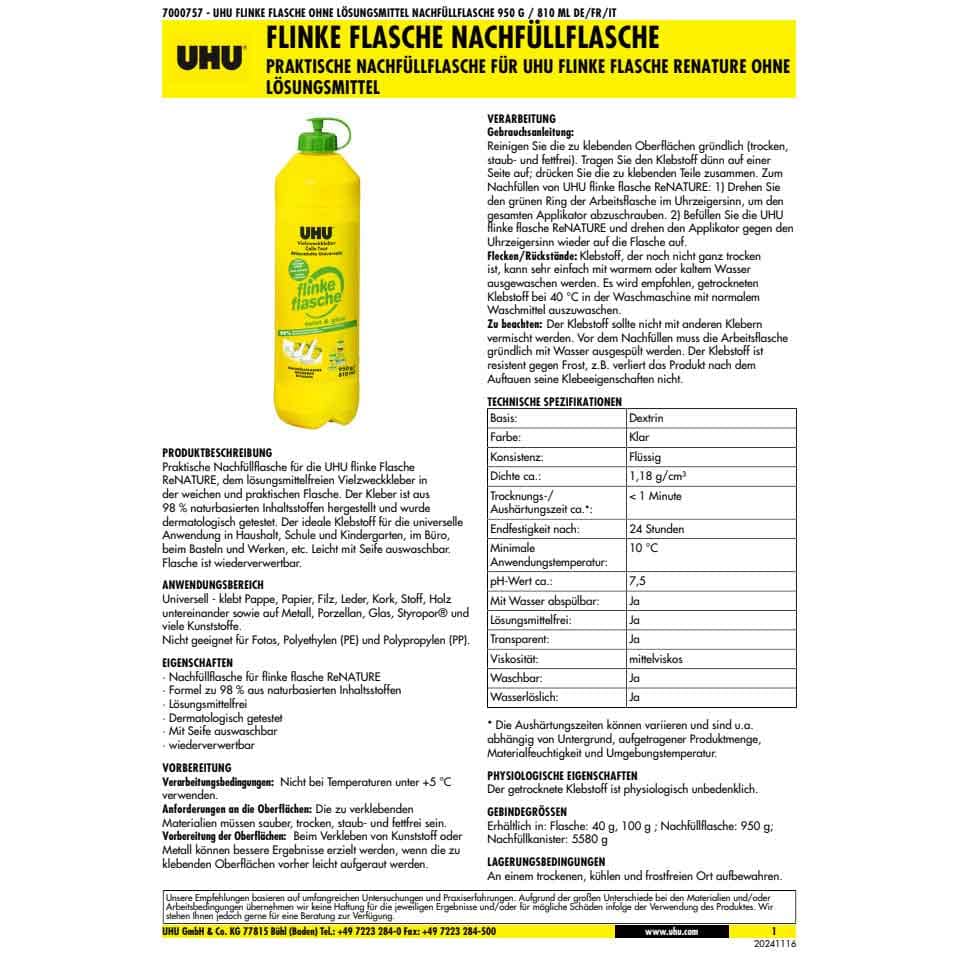 UHU Alleskleber flinke Flasche ohne Lösungsmittel Nachfüllflasche, 950g – Bild 2
